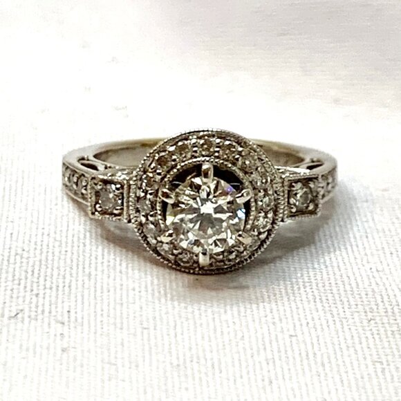 18K White Gold Natural Diamond Engagement Ring Halo Design Filigree Shoulders Ri - Picture 11 of 16